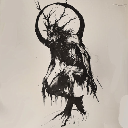 Flat tattoo sketch of a Wendigo with minimalist design and a chilling, icy background