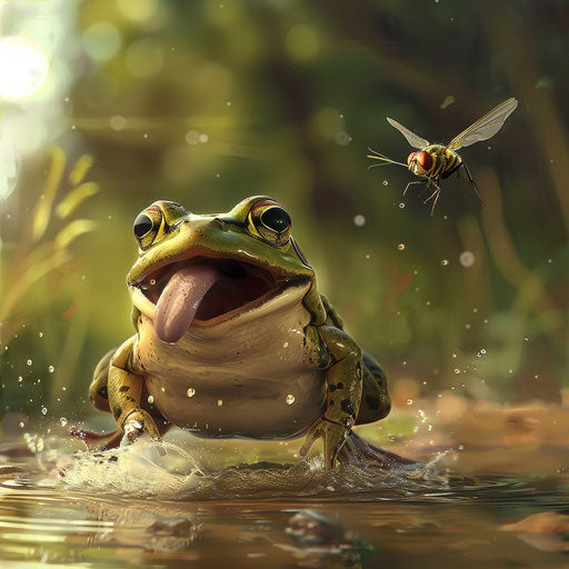 The frog catches a fly with its quick tongue