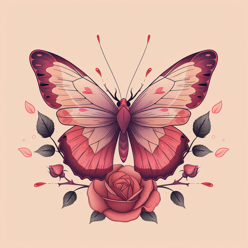 Romantic flat tattoo sketch of a butterfly with rose petal wings