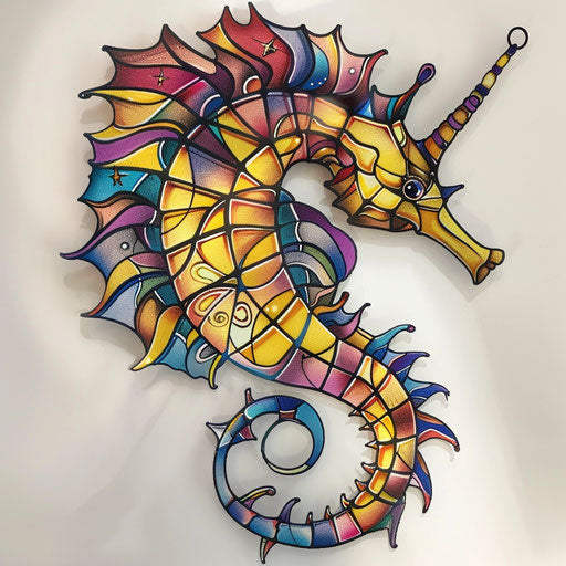 Stained glass style seahorse tattoo sketch with bold outlines and translucent color blocks