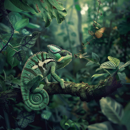 Chameleon catching insects in dense forest, Gregory Colbert style
