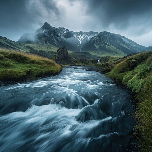 Hallasan with a river in the foreground, Chris Burkard style