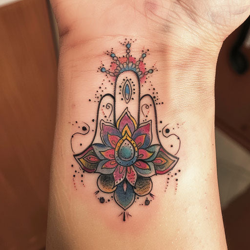 Whimsical hamsa tattoo with cartoonish elements and playful colors
