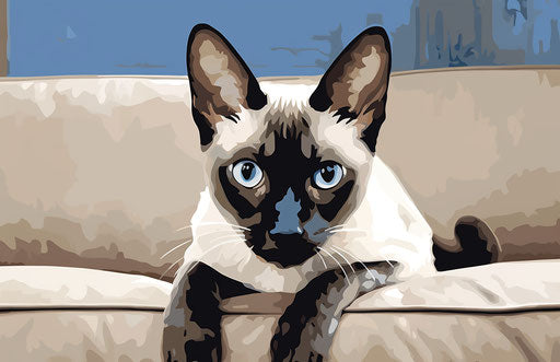 Siamese cat with blue eyes sitting on top of a couch, dark beige and white style, exaggerated facial features 17:11