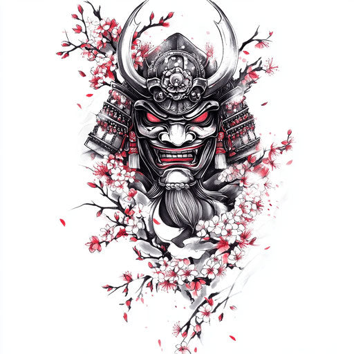 Flat tattoo sketch of yakuza back with fierce samurai mask and cherry blossoms
