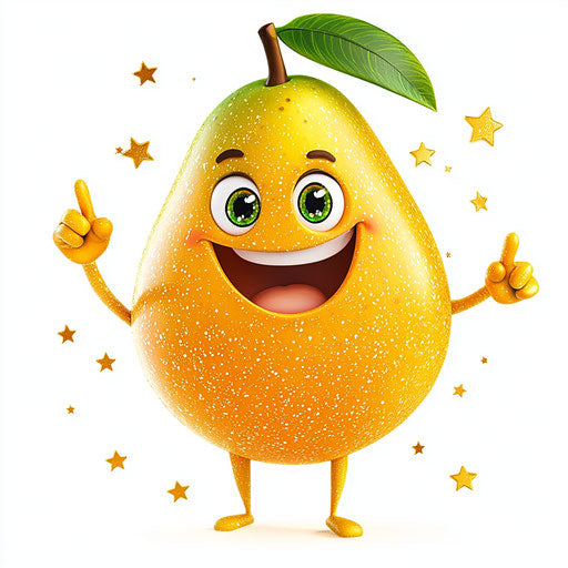 Humorous caricature of a mango caricature clipart with human characteristics, exaggerated wide mouth, thin arms, surrounded by stars, vibrant colors, cartoon style, pointing, high-res, no background, isolated