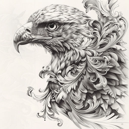 Baroque inspired eagle tattoo, elaborate scrolls on white background