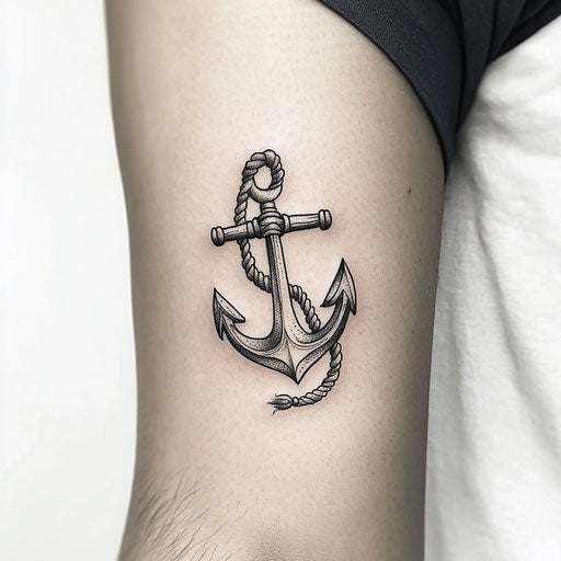 Flat tattoo sketch of a small anchor and rope on the inner elbow