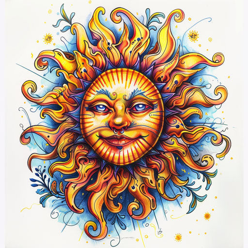 Sketch of a mystical sun tattoo with vibrant yellows and oranges