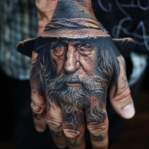 Small hand tattoos of a wizard, in the style of Peter Jackson