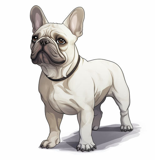 French bulldog cartoon on white background, light gray and gold