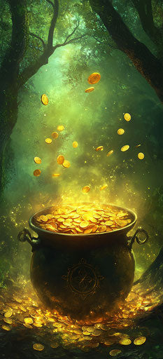 Treasure in forest with ancient symbol and golden glitters