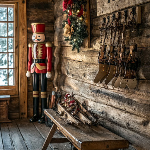 Rustic cabin with Nutcracker and wooden sled