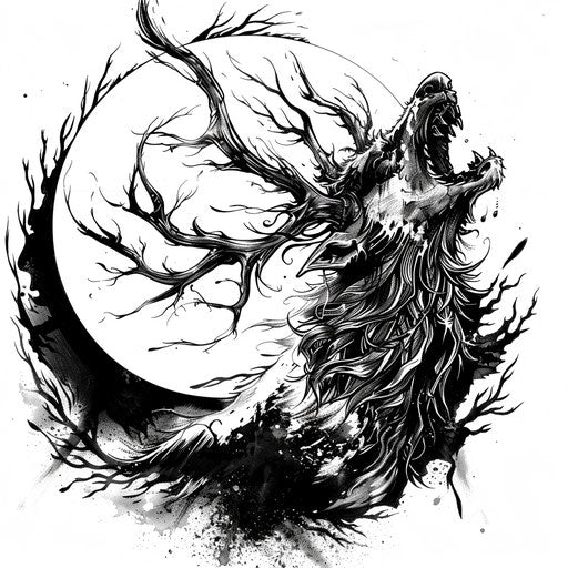 Dynamic flat tattoo sketch of a Wendigo in mid-howl with abstract, swirling wind