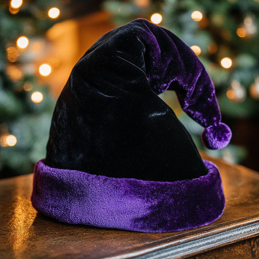 Gothic-style black velvet Santa hat with dark purple trim