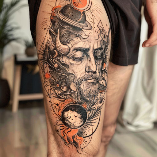 Surreal thigh tattoos for men with cosmic elements