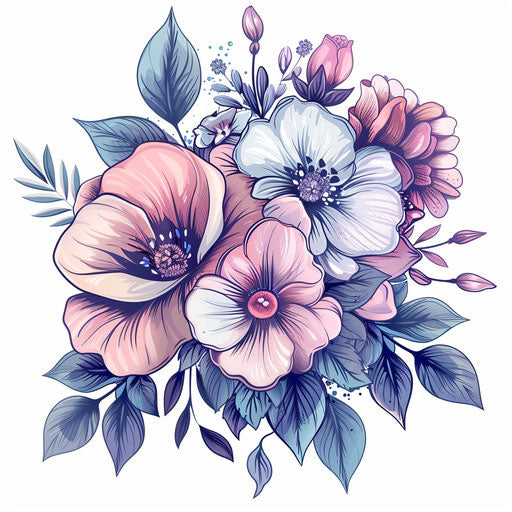 Elegant flat tattoo sketch of a floral bouquet in pastel tones