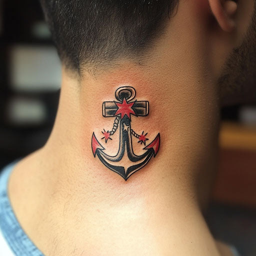 Small neck tattoos in the style of Sailor Jerry featuring an anchor and star motif