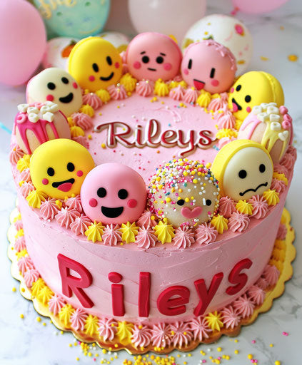 Pink cake with emoji pop and letters Rileys