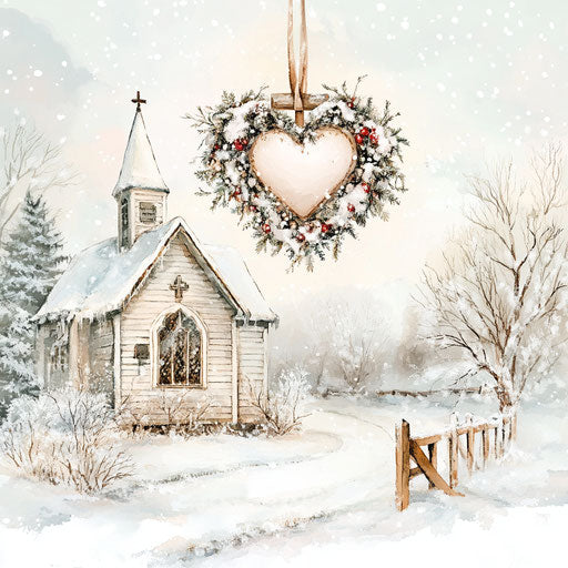 Beautiful illustration of a heart-shaped wreath hanging on the cross in front of an old country church