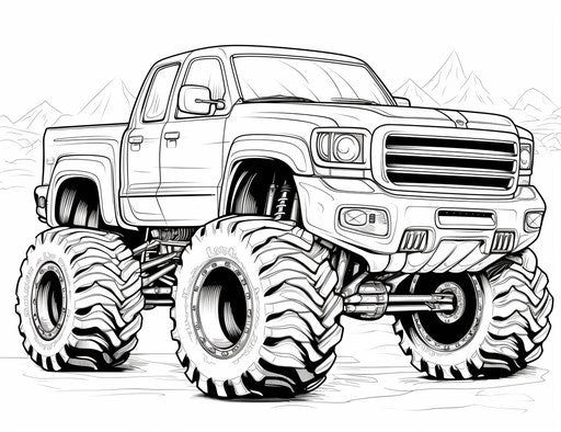 Free monster truck coloring pages, captivating flowing silhouettes style, auto body works, konica big mini, white and orange, line drawings 31:24