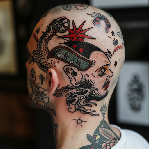 Head tattoos with sailor motifs, in the style of Sailor Jerry