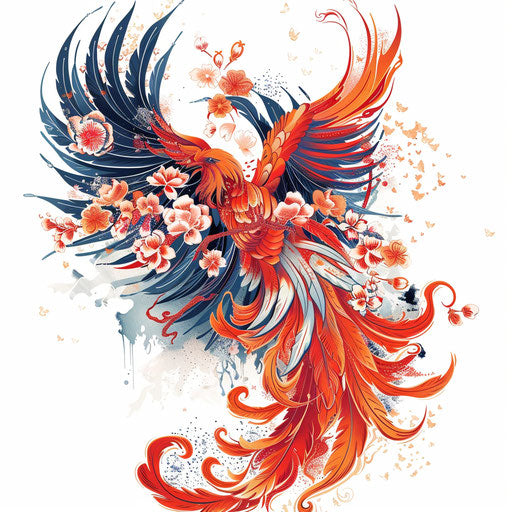 Japanese phoenix tattoo with fiery floral elements illustration
