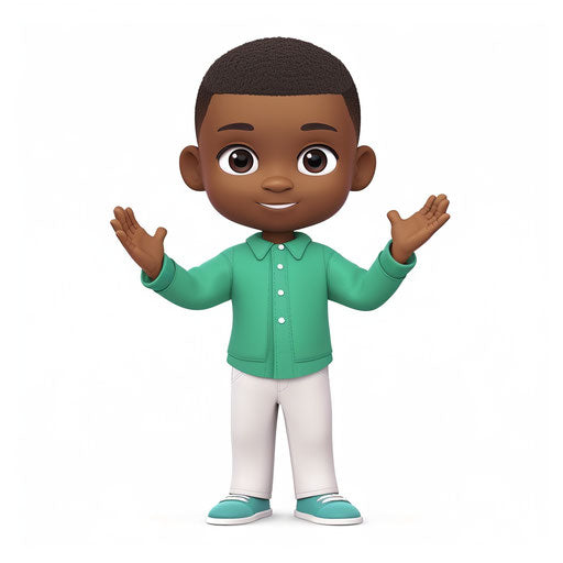Black boy in green shirt, white pants, hands up