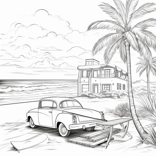 Beach coloring page with surfboard in captivating style