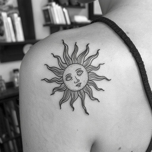 Simple tattoo of a sun, in the style of Maria Sibylla Merian, on the shoulder blade