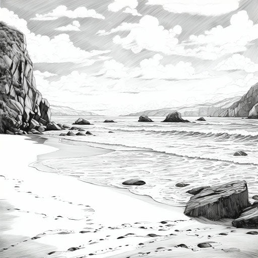 Beach and seascape, clean and sharp inking style