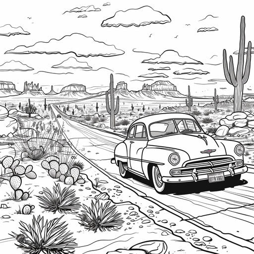 Desert road with vintage car - Coloring book page