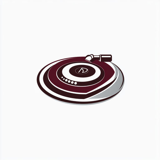 Professional DJ logo with a unique turntable icon integrated with sleek, minimalist typography, in a rich burgundy and silver color palette, isolated on a flat white background.