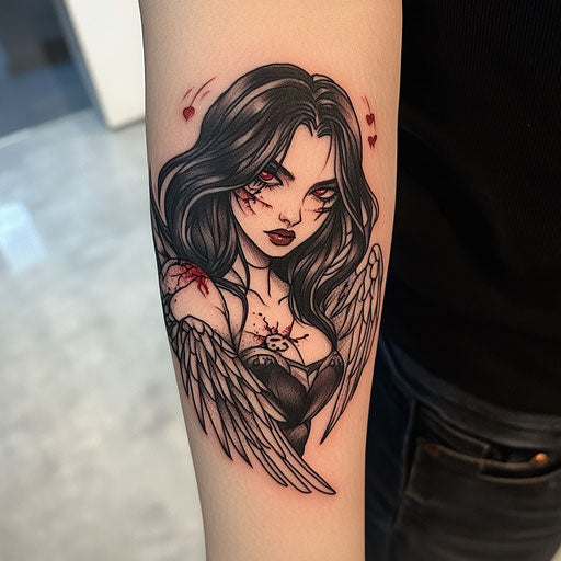 Inner forearm tattoo of a dark angel with broken wings