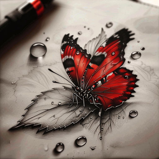Tattoo sketch of a red butterfly on a leaf with hyper-realistic dew drops and natural setting