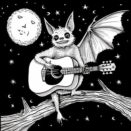 Whimsical bat playing guitar under the moon