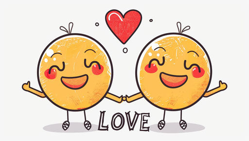 Pair of cute emoji holding hands, red heart, text 'LOVE'