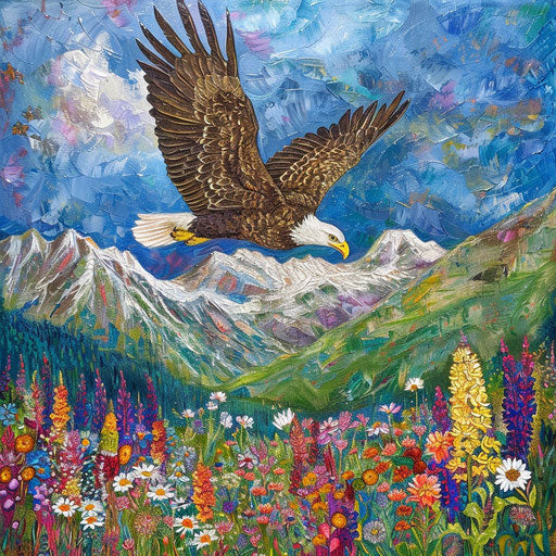 American eagle flying over a blooming meadow in the Colorado Rockies