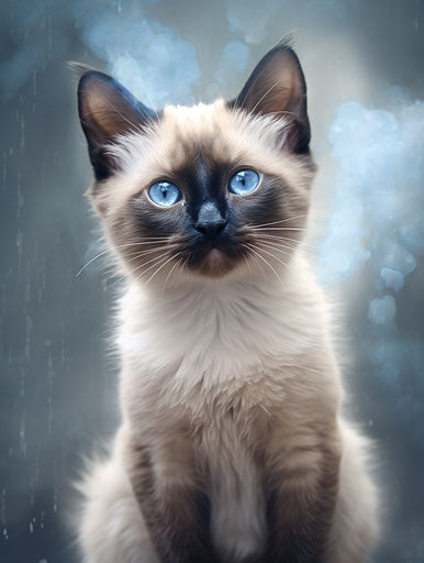 Siamese kitten sitting in light beige and dark blue style