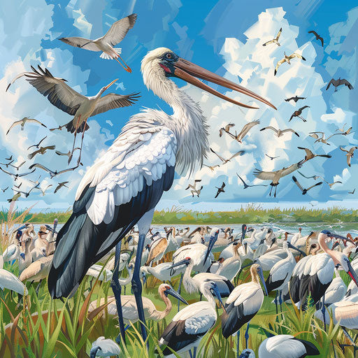 A lively scene of a wood stork amidst a flock of different bird species at a popular migratory bird stopover, showcasing biodiversity.