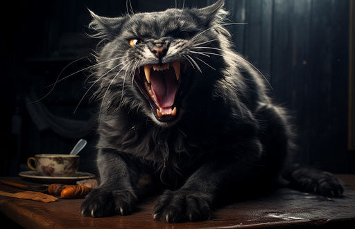 The cat displays its tongue in preparation for eating, dark & explosive, tenebrism-inspired 17:11