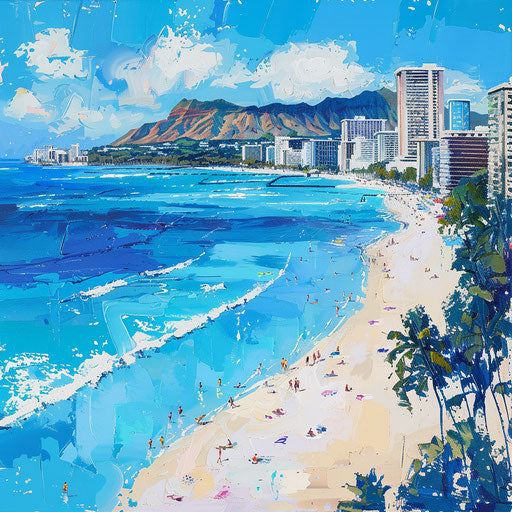 White sandy beach with bright blue water at Waikiki