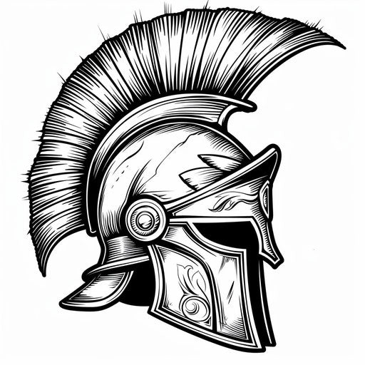 Roman helmet with crest in black ink on white background