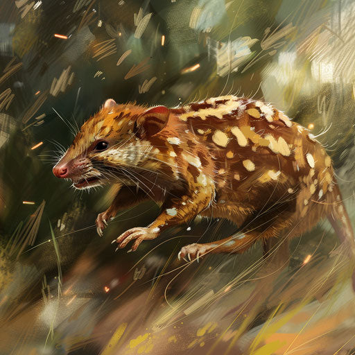 Energetic tiger quoll sprinting through a meadow