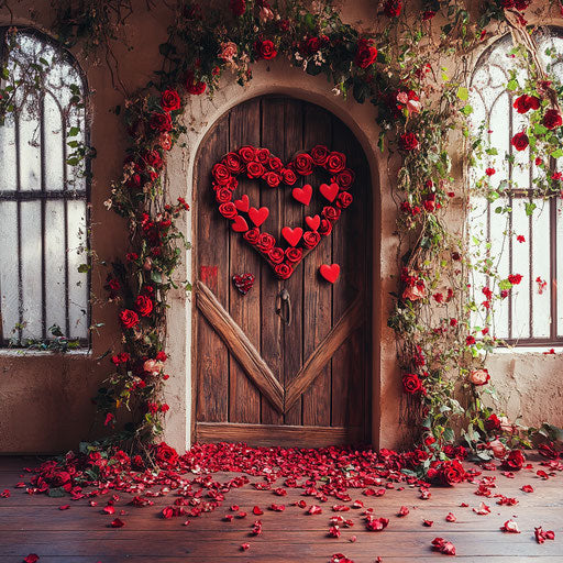 Valentine's Day scene with wooden door adorned with red heart-shaped roses and petals, flowers on the ground, and arched window on the wall.