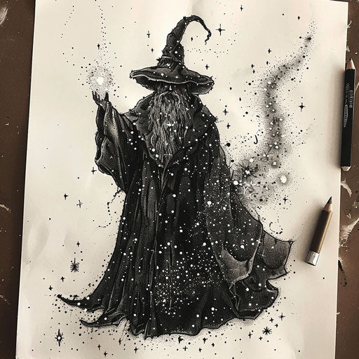 Flat tattoo sketch of a wizard's cloak covered in sparkling constellations