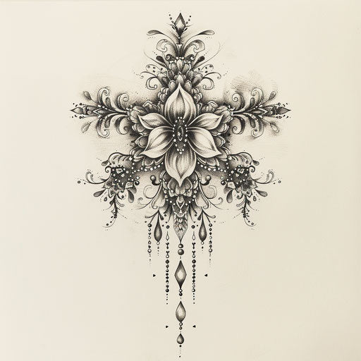 Elegant sketch of a cross stitch tattoo with intricate lace