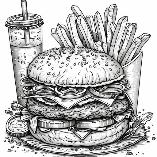 Burger with fixings and fries, detailed illustration