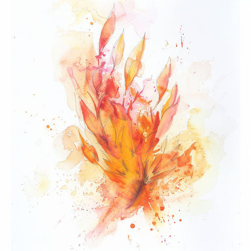 Watercolor painting of a delicate fire tattoo, soft washes of warm yellows and pinks, painted on a white watercolor paper, embodying the gentle side of fire