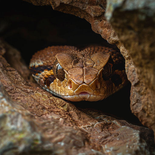 Copperhead snake hiding under a rock
